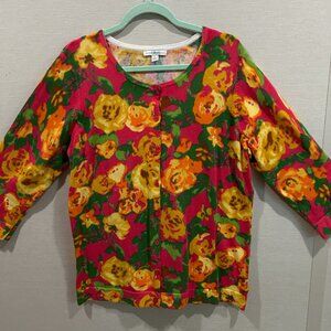 ISAAC MIZRAHI Sz L Pink Green Yellow Orange Floral 3/4 Sleeve Cardigan Sweater
